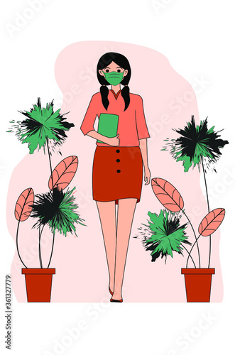 Young woman or girl wearing medical mask to prevent disease, flu, air pollution, contaminated air, world pollution. Vector illustration in a flat style.