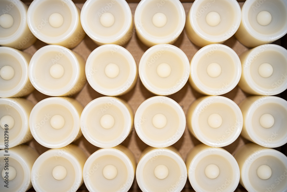 A close up from above of electronic candles in a box A close up from above of electronic candles in a box