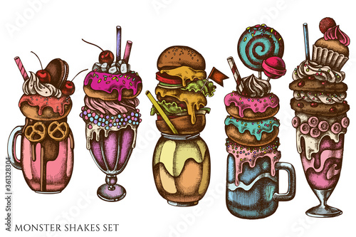 Vector set of hand drawn colored monster shakes, burger monster shake