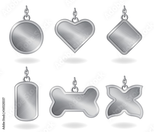 Set of metal dog tags with chain, isolated on white background. Vector realistic template of steel fobs or id badges different shapes. Silver empty personalised medallion, identification label.