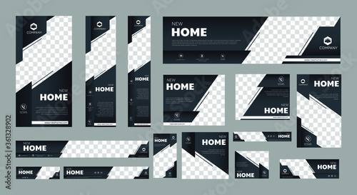 set of creative web banners of standard size with a place for photos. Real Estate ad banner. Vertical, horizontal and square template.	