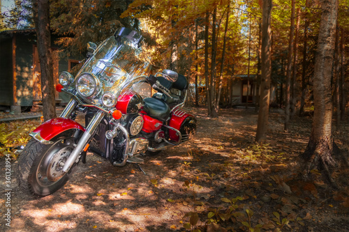 Selective focus. Park Moscow, September 29, 2019 - Motorcycle cruiser in sunny autumn forest. Kawasaki Vulcan.