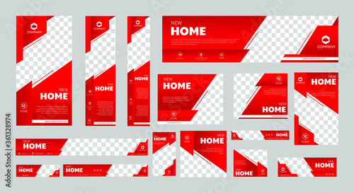 set of creative web banners of standard size with a place for photos. Real Estate ad banner. Vertical, horizontal and square template.	
