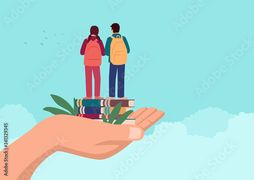 Hand holding two children standing on books with school backpack