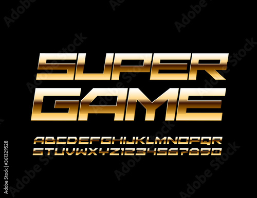 Vector chic logo Super Game. Gold techno Font. Premium Alphabet Letters and Number