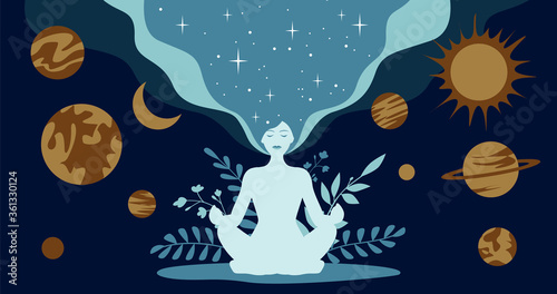 Silhouette of a meditating woman in lotus position. Against the background of astrological planets and the plant branches.