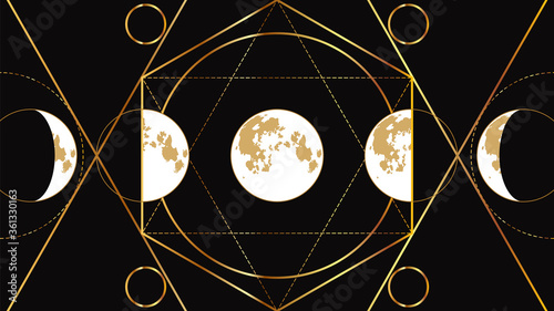 Moon phases flat image on a black background with a geometric golden pattern. Astrological signs of the full moon.