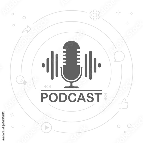 Podcast radio icon illustration. Studio table microphone with broadcast text podcast. Webcast audio record concept logo.