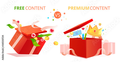Free and premium content. Gift box with ribbon and money and crown and other bonuses. Vector cartoon illustration