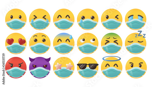 Set of different emoji in medical mask isolated on white background.