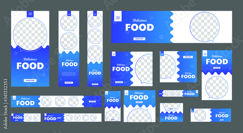 set of food promotion banners of standard size with a place for photos. business ad banner. Vertical, horizontal and square template.
