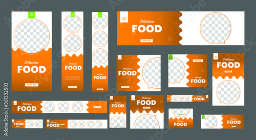 set of food promotion banners of standard size with a place for photos. business ad banner. Vertical, horizontal and square template.
