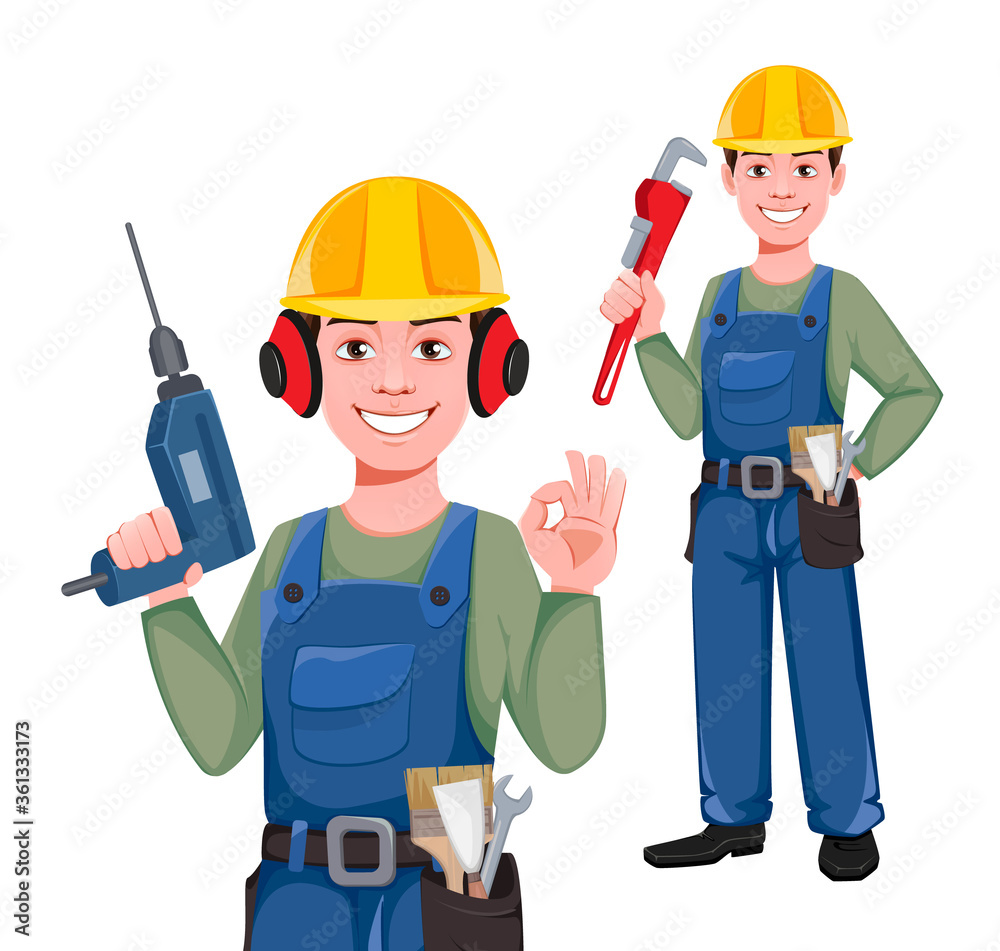 Builder cartoon character, set of two poses Builder cartoon character, set of two poses