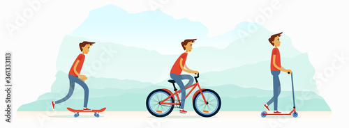 A young man rides a bicycle, rolls on a scooter, and on a skateboard. A group of young people are engaged in an active summer sport. Vector flat design illustration banner.