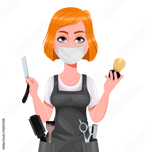 Cute woman barber. Female hairstylist