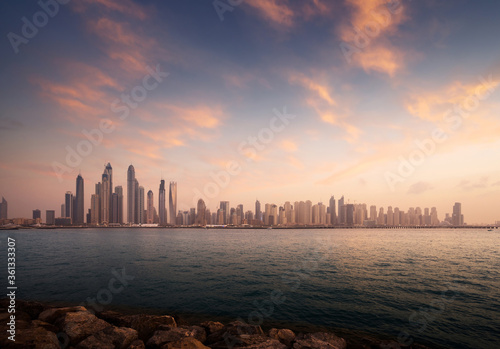 skyscrapers in Dubai Marina  sunset time  UAE
