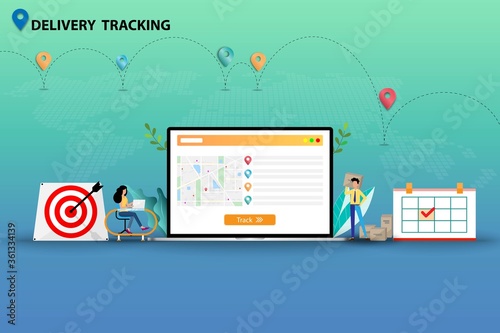 Business concept of delivery tracking, businessman and woman are working near a big screen of laptop that the display contain map and GPS to track the shipments and deliver the goods to customers.