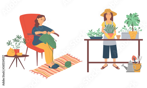 Woman sitting on chair and knitting, female wearing gloves and apron planting, flowers in pot. People hobby, agricultural and homemade work vector