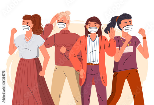 Group of young girls wear face medical masks protesting against spreading virus. Women calling to fight with virus. Attention to world virus pandemic. Cartoon vector characters at flat background