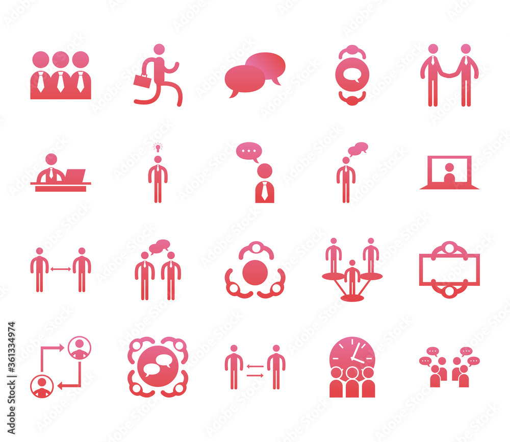 Fototapeta premium Businessmen avatars meeting gradient style icon set vector design