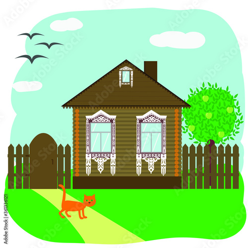 Wooden house of the Russian village. Vector image. Rural landscape