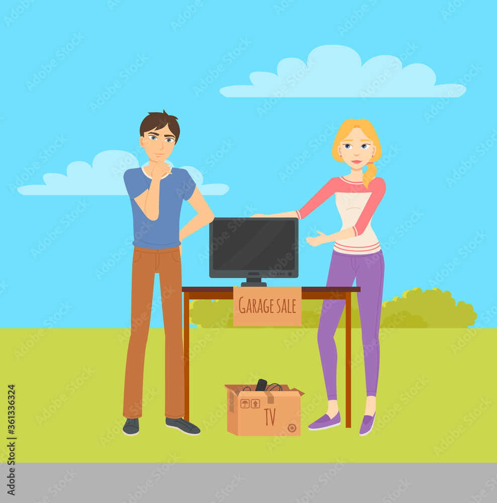 Young man and woman selling TV monitor at garage sale. Used house appliances in cardboard boxes on wooden table. Flea market concept vector illustration Young man and woman selling TV monitor at garage sale. Used house appliances in cardboard boxes on wooden table. Flea market concept vector illustration