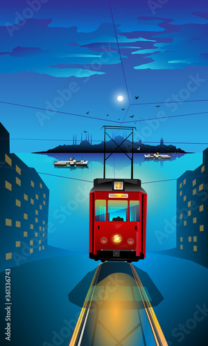 Moda Kadikoy line tram and istanbul view at night