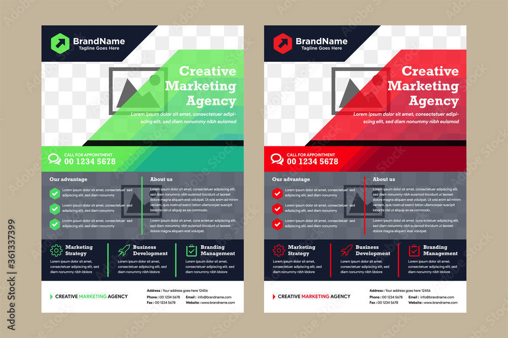 creative marketing agency flyer template design use horizontal layout and space for photo collage. transparency of red and green colors for element design. 