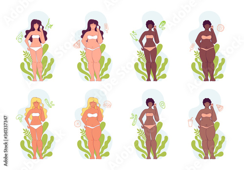 Woman before and after weigh loss. Fat and slim woman