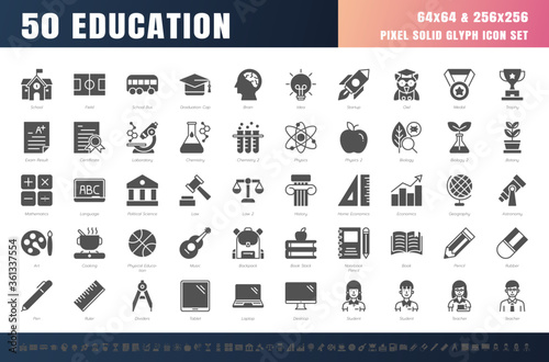 Vector of 50 Education and School Subject solid Glyph Icon Set. 64x64 and 256x256 Pixel.