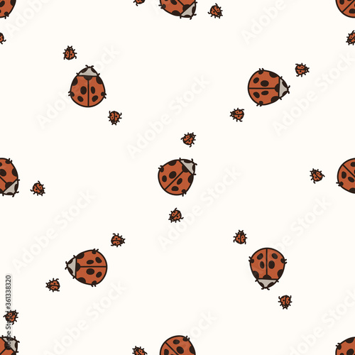 Seamless background two ladybug beetle gender neutral baby pattern. Simple whimsical minimal earthy 2 tone color. Kids nursery wallpaper or boho woodland nature fashion all over print.