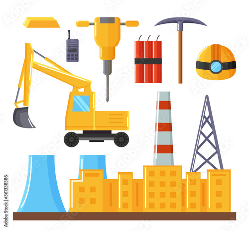 Complex of factory buildings and equipment isolated on white. Vehicle used in quarry, industrial excavator. Tools for work like pickaxe, dynamite and helmet. Vector illustration of mining industry