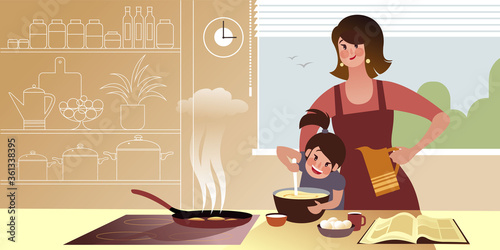 Mom with daughter bakes pancakes in the kitchen. Flat graphic vector illustration.