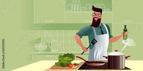 Vegan Chef with a spatula for frying and a bottle of olive oil preparing a dressing for soup in the kitchen. Flat graphic vector illustration.