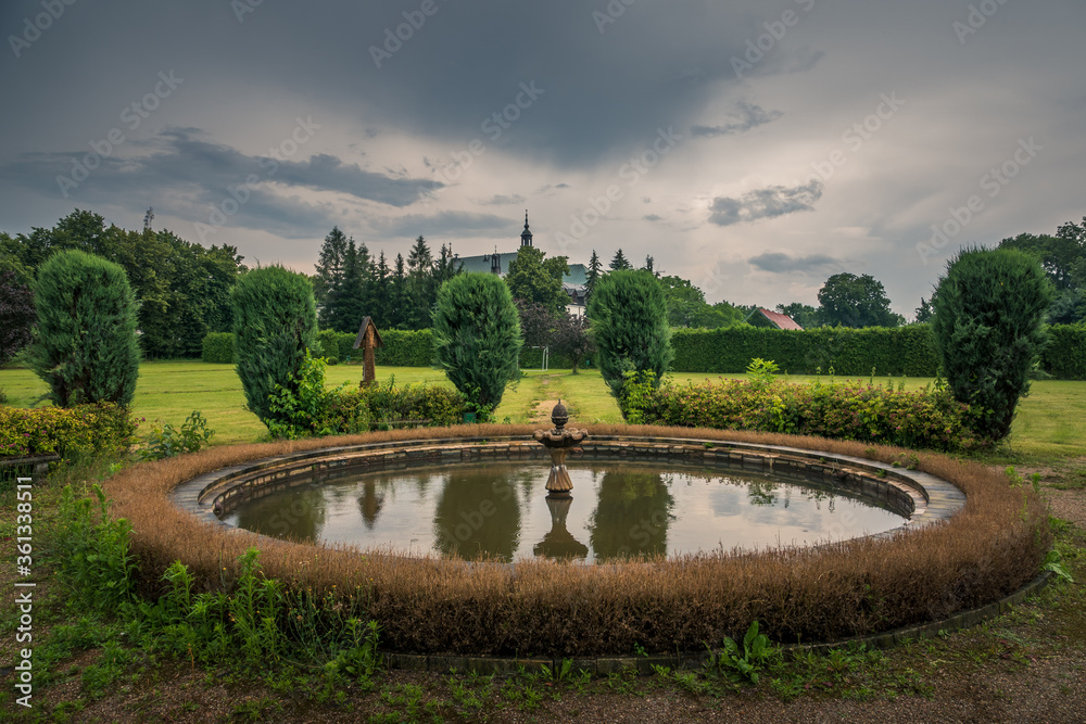 Park near Church in Gora Kalwaria, Masovia, Poland.
