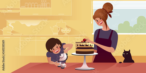 Tea party with cake. Mom, daughter and a black cat. Flat graphic vector illustration.