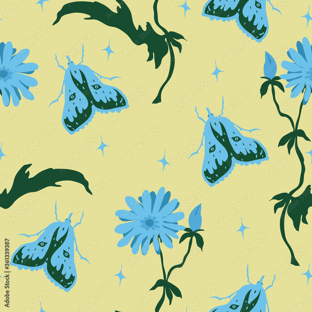 Vector seamless pattern with blue moths, flowers and stars on pastel yellow background