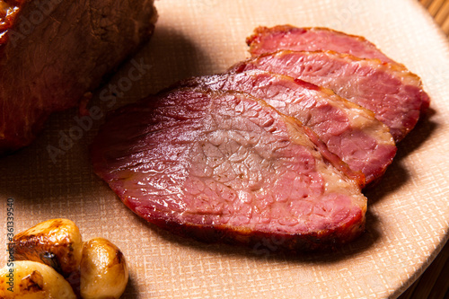 Canvas Print hump steak stuffed with garlic on a plate