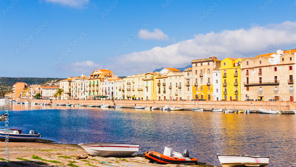 View of Bosa, Sardinia, Italy, boats, houses and river
