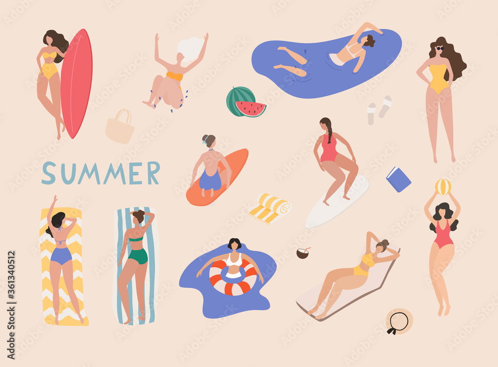 Summer beach cartoon people. Woman performing summer outdoor activities at beach.