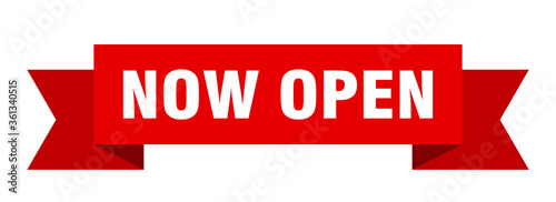now open ribbon. now open isolated band sign. now open banner