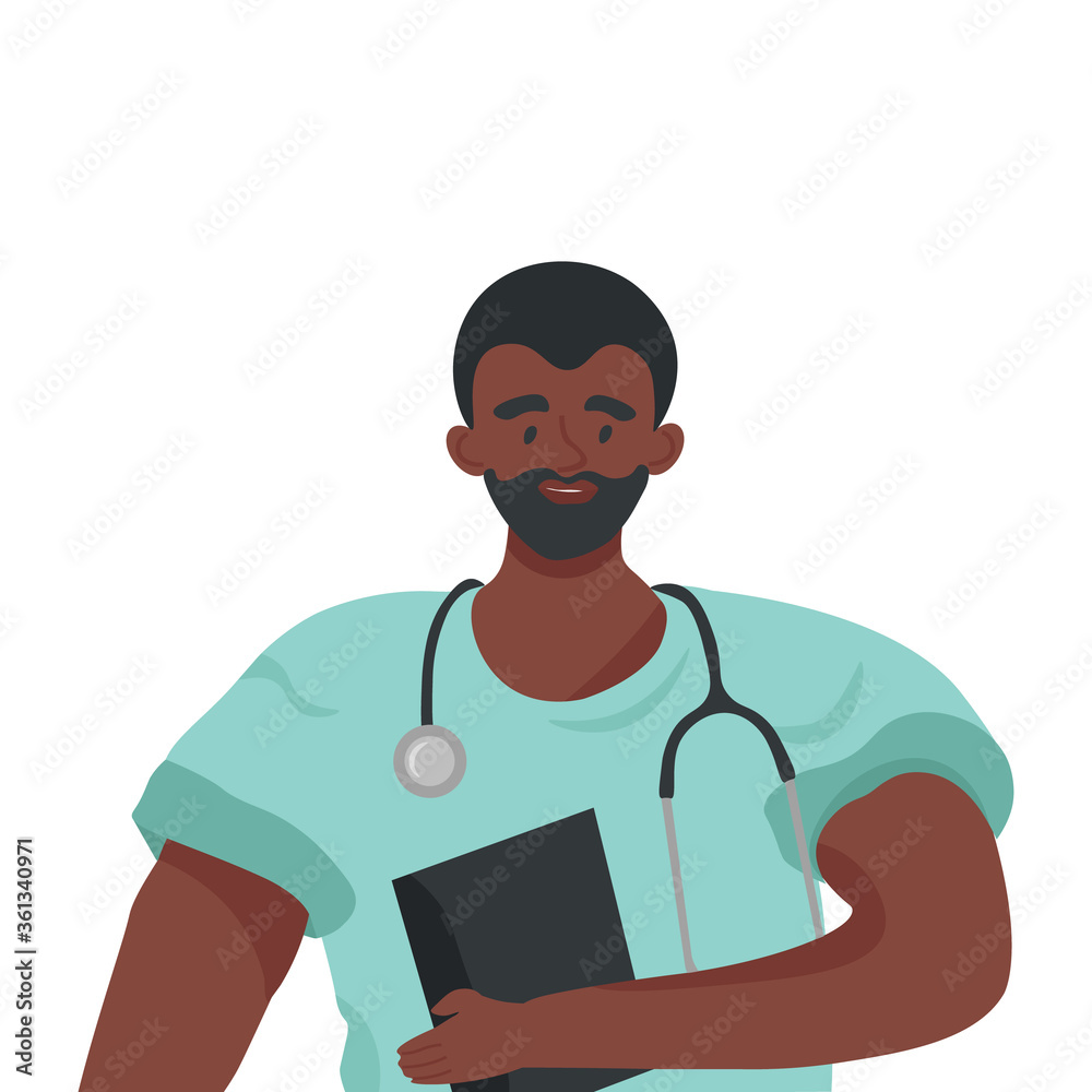 Doctors and nurses. Black doctor with a medical history in his hands and a stethoscope. Nice flat vector illustration in cartoon style on a white background.