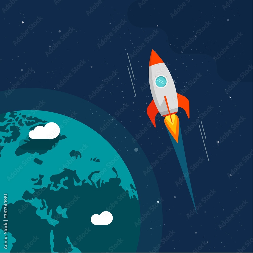 Rocket flight in space near earth orbit vector illustration, rocketship  spaceship flying around planet in universe, starts flat cartoon design  Stock Vector | Adobe Stock