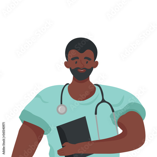 Doctors and nurses. Black doctor with a medical history in his hands and a stethoscope. Nice flat vector illustration in cartoon style on a white background.