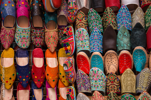 Colorful, handmade, leather Moroccan shoes for sale in Marrakech, Morocco