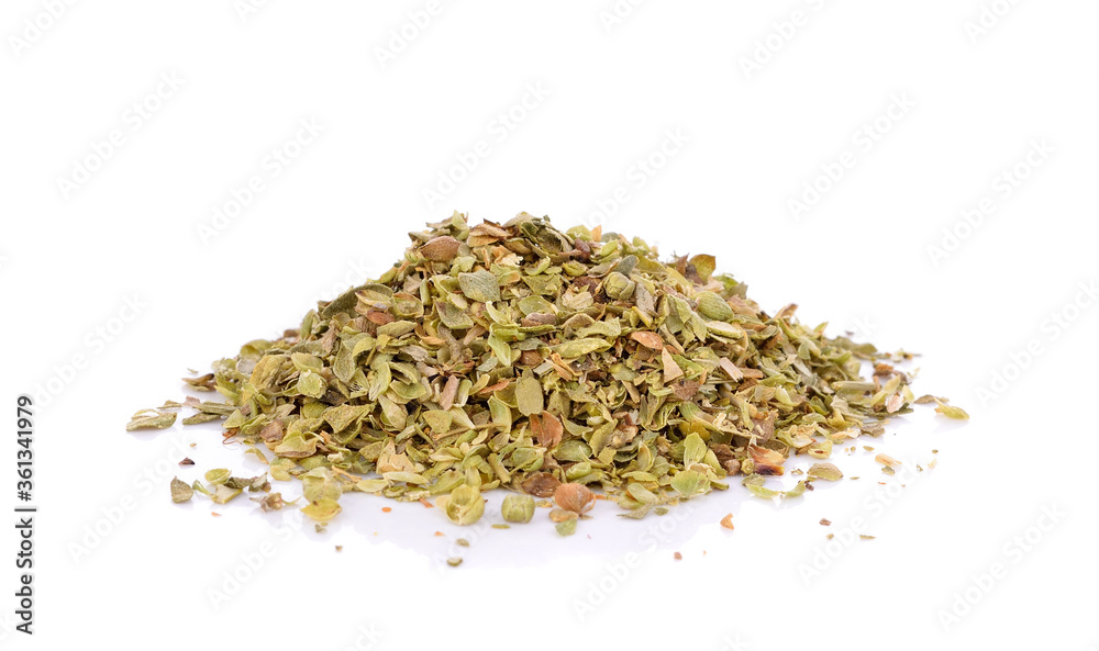Pile of dried oregano leaves isolated on white background Pile of dried oregano leaves isolated on white background