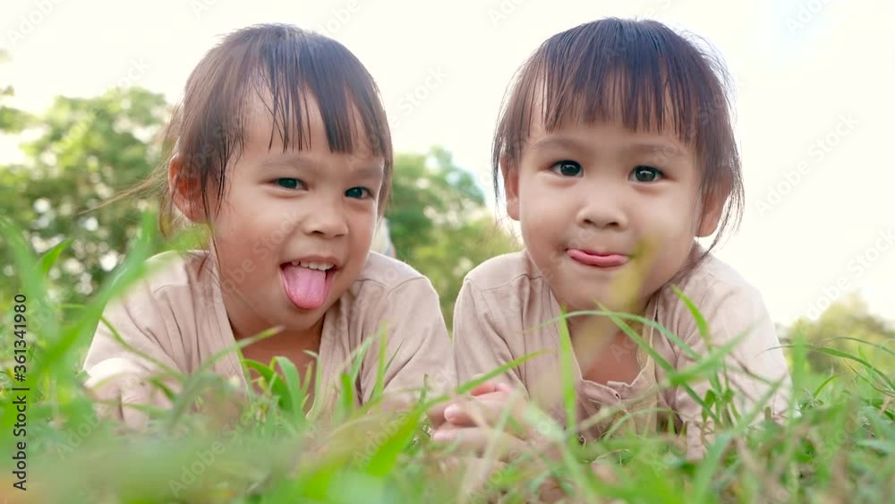 Two happy sibling girls lying on green grass outdoors in summer park. Two happy sibling girls lying on green grass outdoors in summer park.