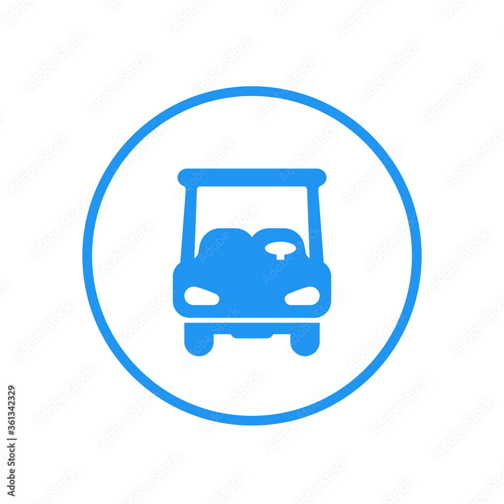 Golf cart icon in circle, blue on white