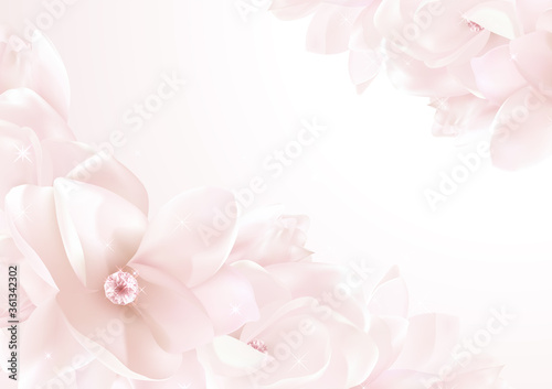 Flower background with pink magnolia. Blank floral design template useful for gift certificate, gift card, award design, 8 March greeting, funeral thank you card