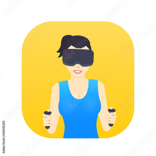 girl in virtual reality glasses, smiling gal playing videogame, female character in flat style
